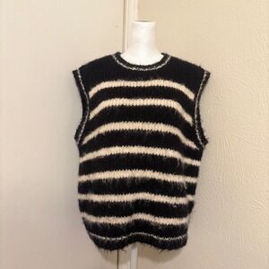 Pinch Black Cream Striped Fuzzy Knit Sweater Vest Crew Neck Fluffy Wool Blend S